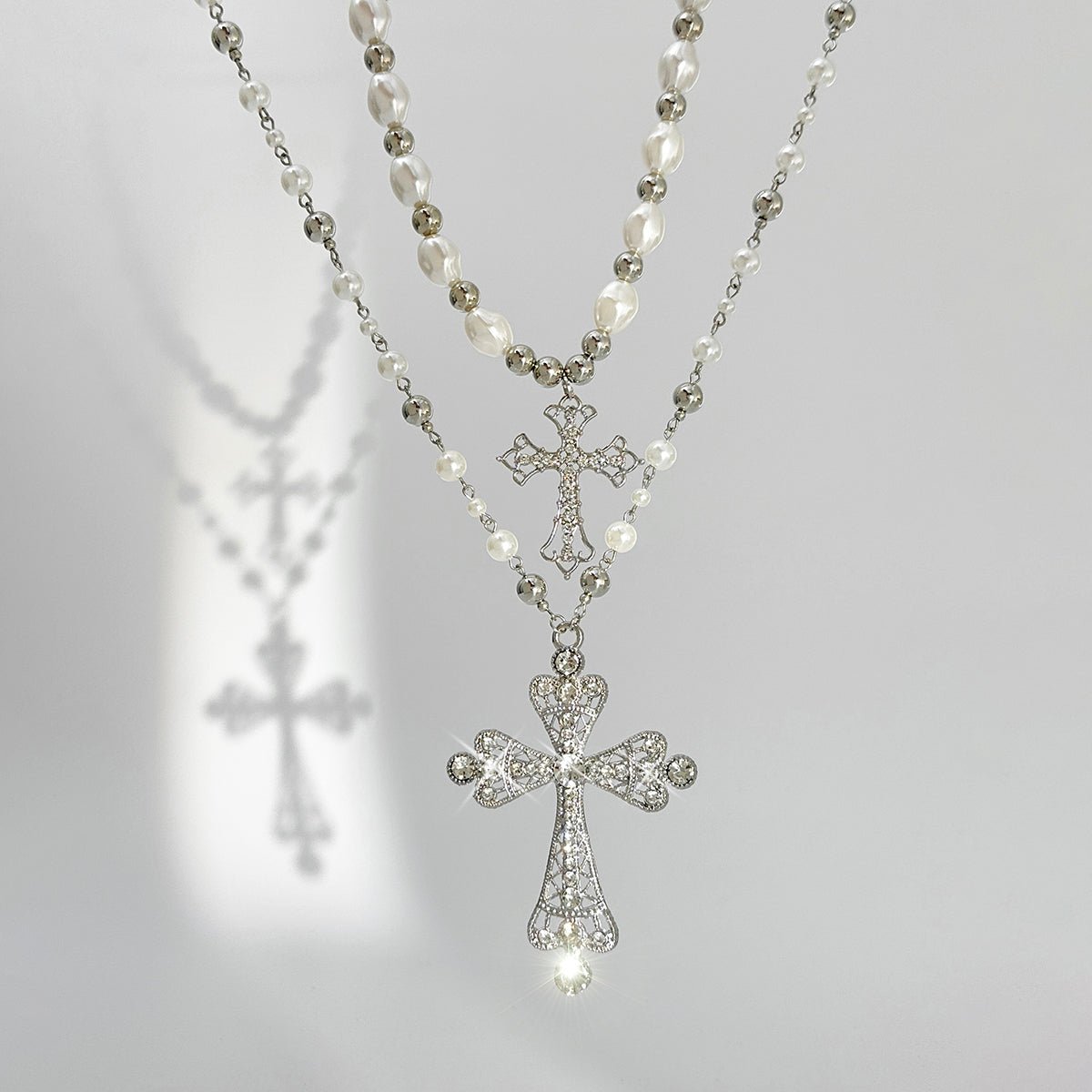 Baroque 2pcs Rhinestone Inlaid Cross Pendant Pearl Chain Necklace Set - ArtGalleryZen