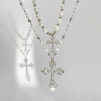 Thumbnail for Baroque 2pcs Rhinestone Inlaid Cross Pendant Pearl Chain Necklace Set - ArtGalleryZen