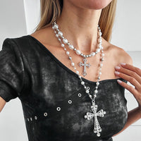 Thumbnail for Baroque 2pcs Rhinestone Inlaid Cross Pendant Pearl Chain Necklace Set - ArtGalleryZen