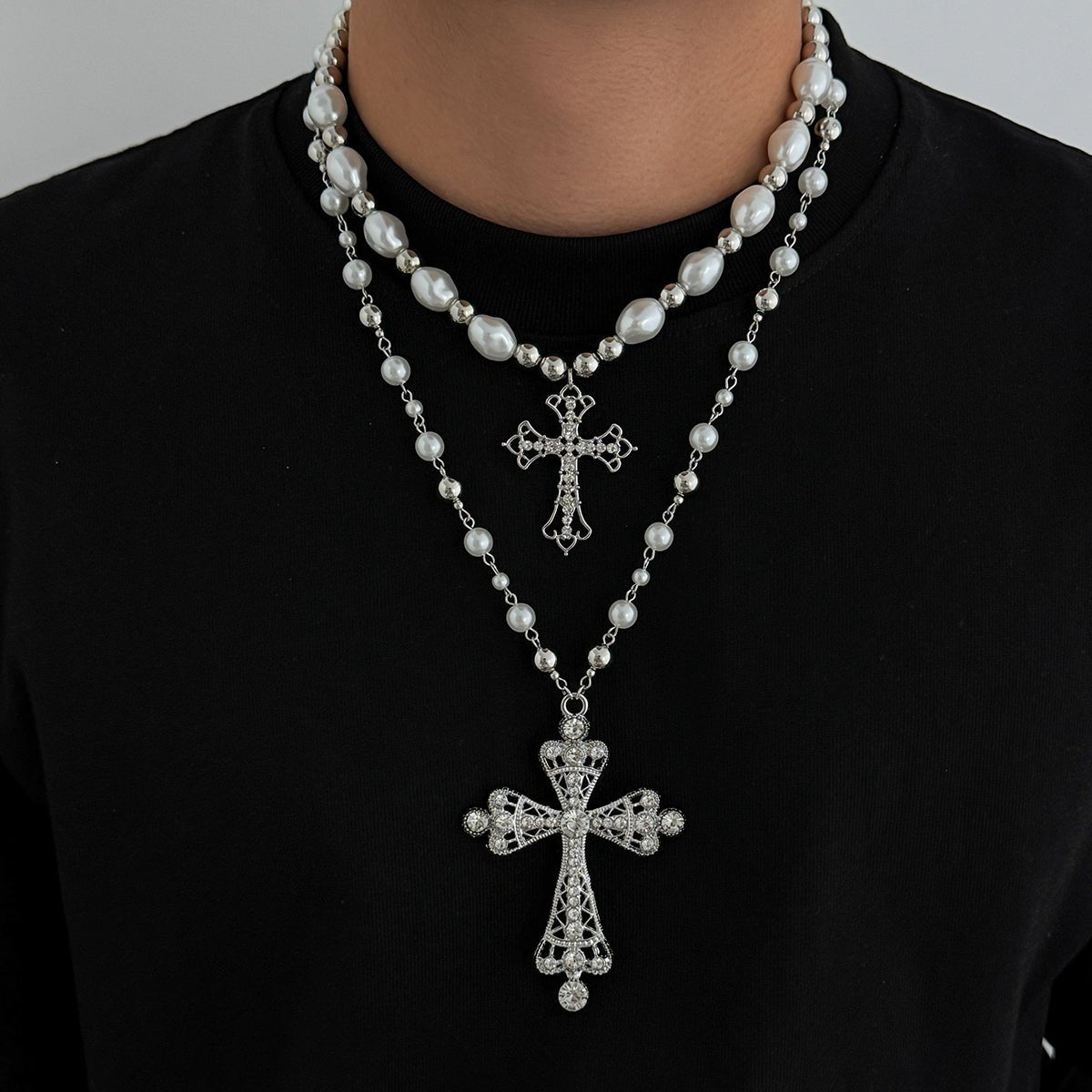 Baroque 2pcs Rhinestone Inlaid Cross Pendant Pearl Chain Necklace Set - ArtGalleryZen
