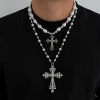 Thumbnail for Baroque 2pcs Rhinestone Inlaid Cross Pendant Pearl Chain Necklace Set - ArtGalleryZen