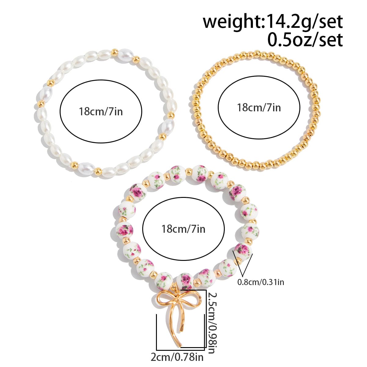 Baroque 3pcs Bowknot Pendant Pearl Floral Acrylic Beaded Bracelet Set - ArtGalleryZen