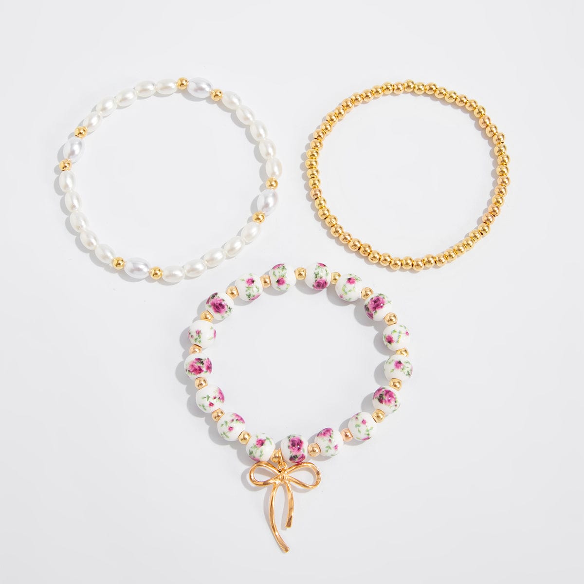 Baroque 3pcs Bowknot Pendant Pearl Floral Acrylic Beaded Bracelet Set - ArtGalleryZen