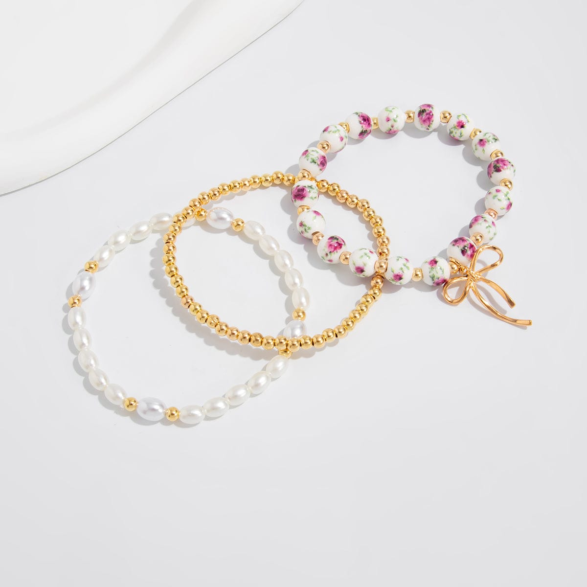 Baroque 3pcs Bowknot Pendant Pearl Floral Acrylic Beaded Bracelet Set - ArtGalleryZen