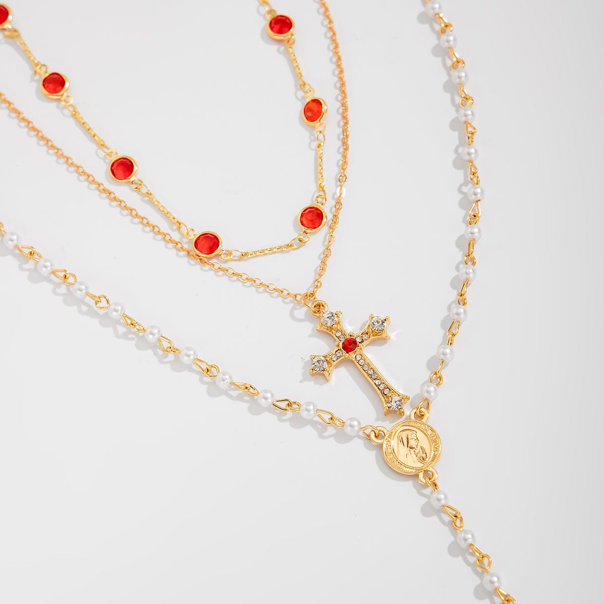 Baroque 3pcs Cross Pendant Pearl Crystal Chain Y Necklace Set - ArtGalleryZen