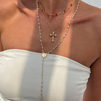 Thumbnail for Baroque 3pcs Cross Pendant Pearl Crystal Chain Y Necklace Set - ArtGalleryZen