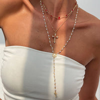 Thumbnail for Baroque 3pcs Cross Pendant Pearl Crystal Chain Y Necklace Set - ArtGalleryZen