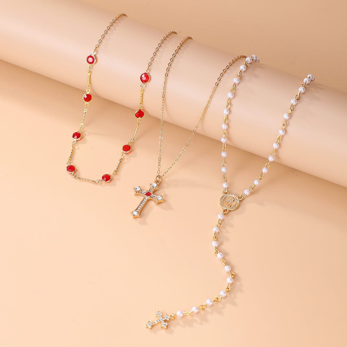 Baroque 3pcs Cross Pendant Pearl Crystal Chain Y Necklace Set - ArtGalleryZen