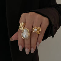 Thumbnail for Baroque 3pcs Irregular Pearl Inlaid Pleated Ring Set - ArtGalleryZen