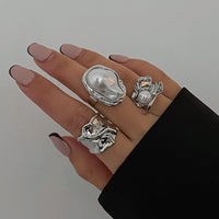 Thumbnail for Baroque 3pcs Irregular Pearl Inlaid Pleated Ring Set - ArtGalleryZen