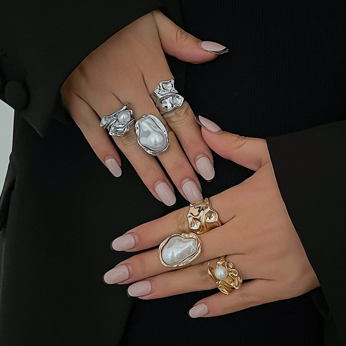 Baroque 3pcs Irregular Pearl Inlaid Pleated Ring Set