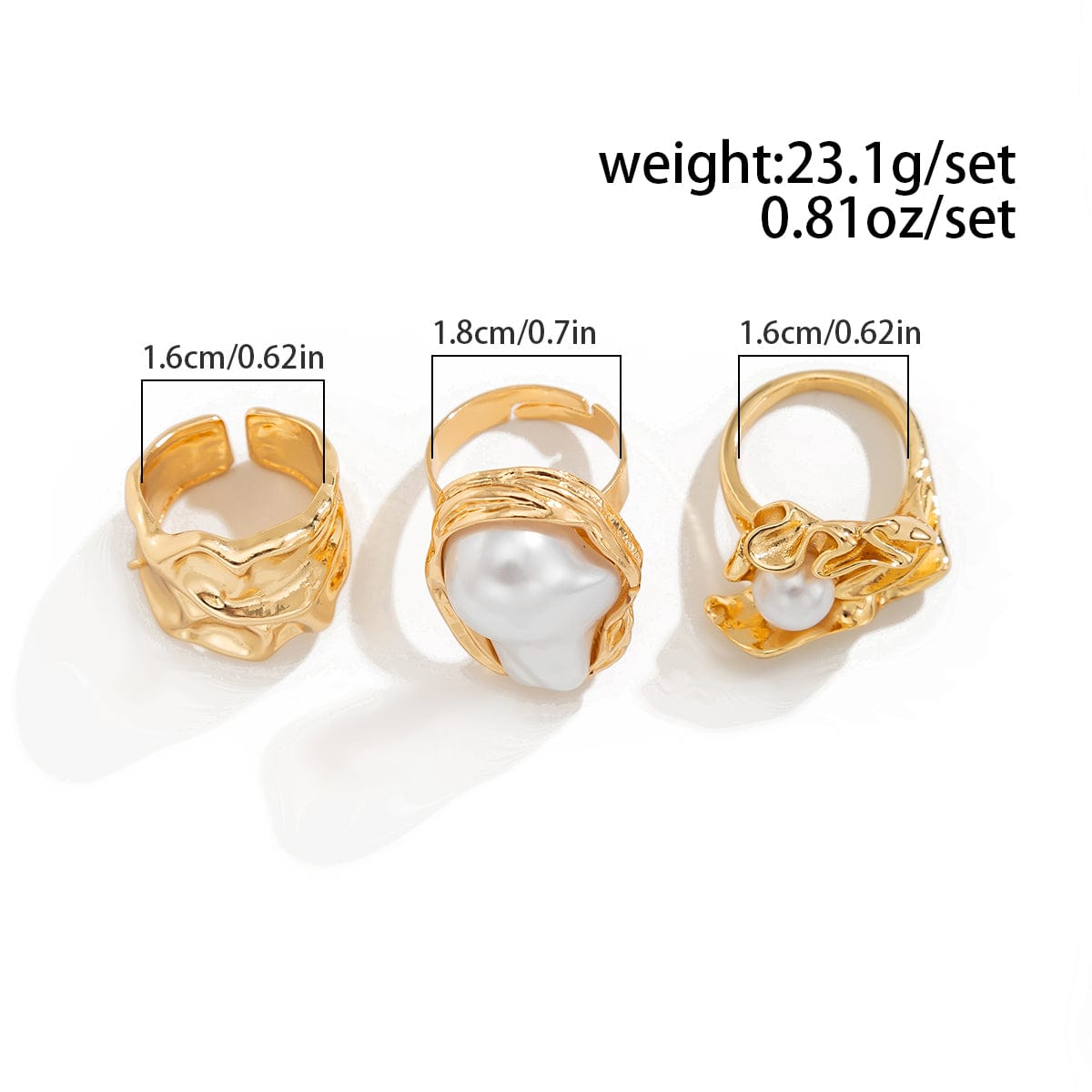 Baroque 3pcs Irregular Pearl Inlaid Pleated Ring Set