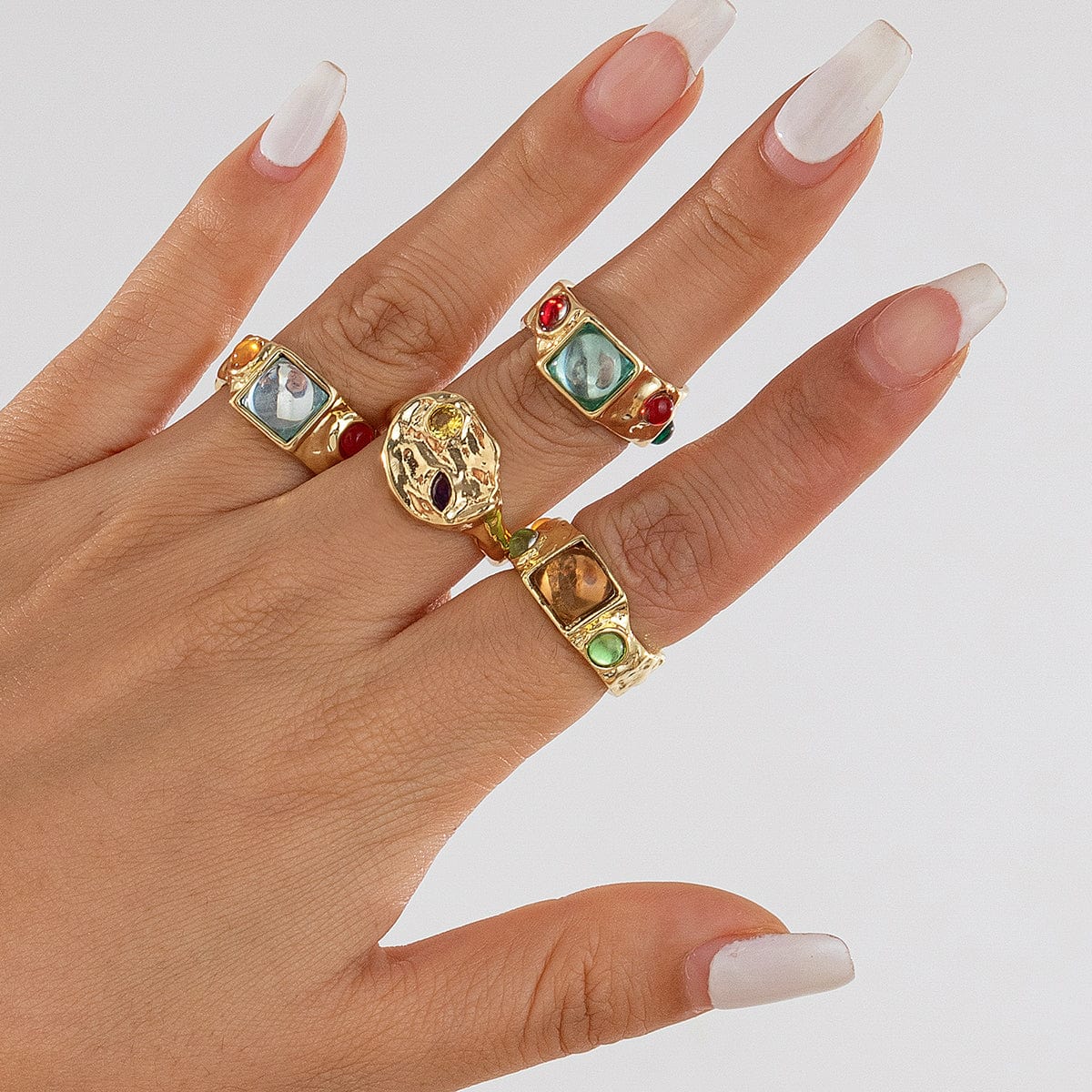 Baroque 4Pcs Colorful Crystal Inlaid Wide Ring Set