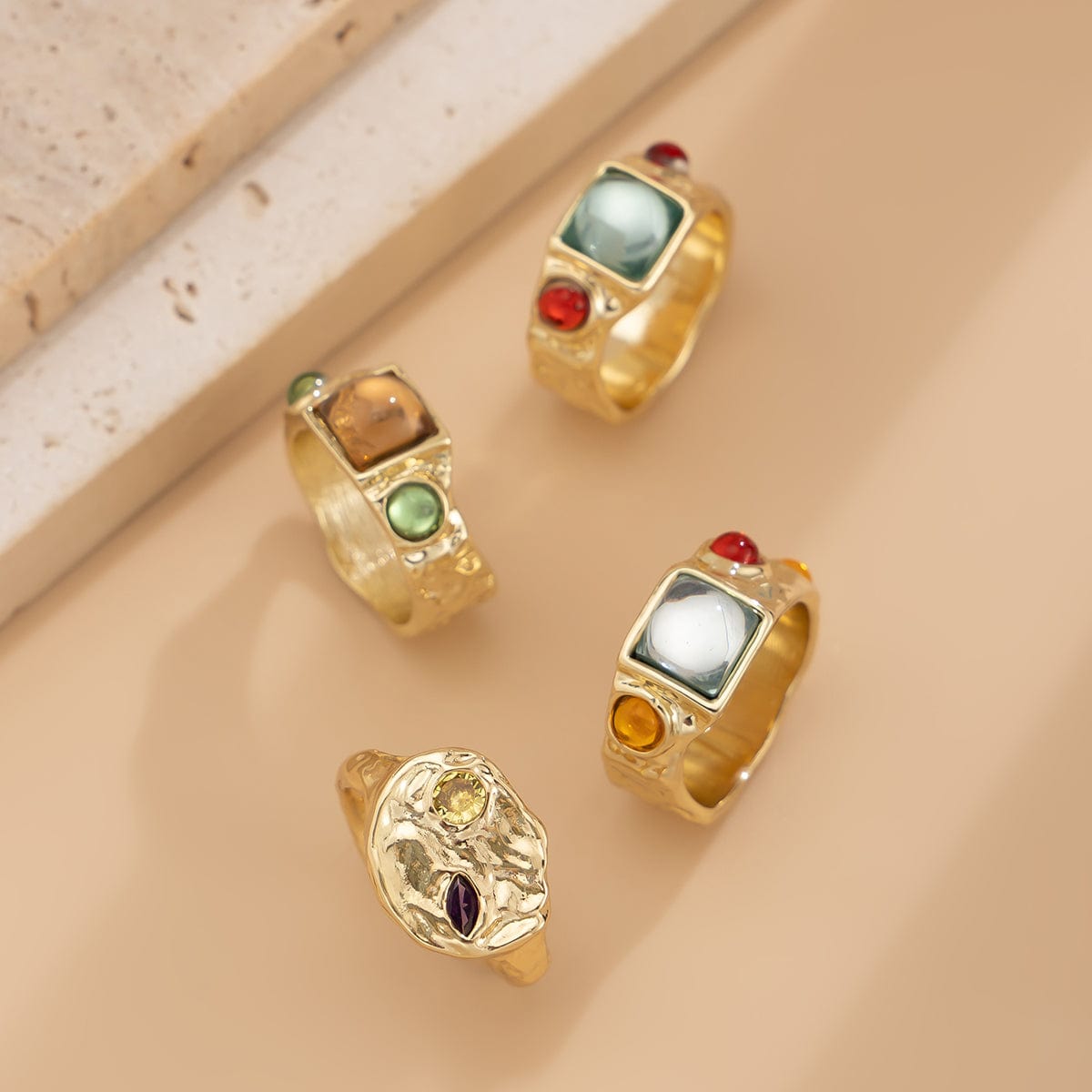 Baroque 4Pcs Colorful Crystal Inlaid Wide Ring Set