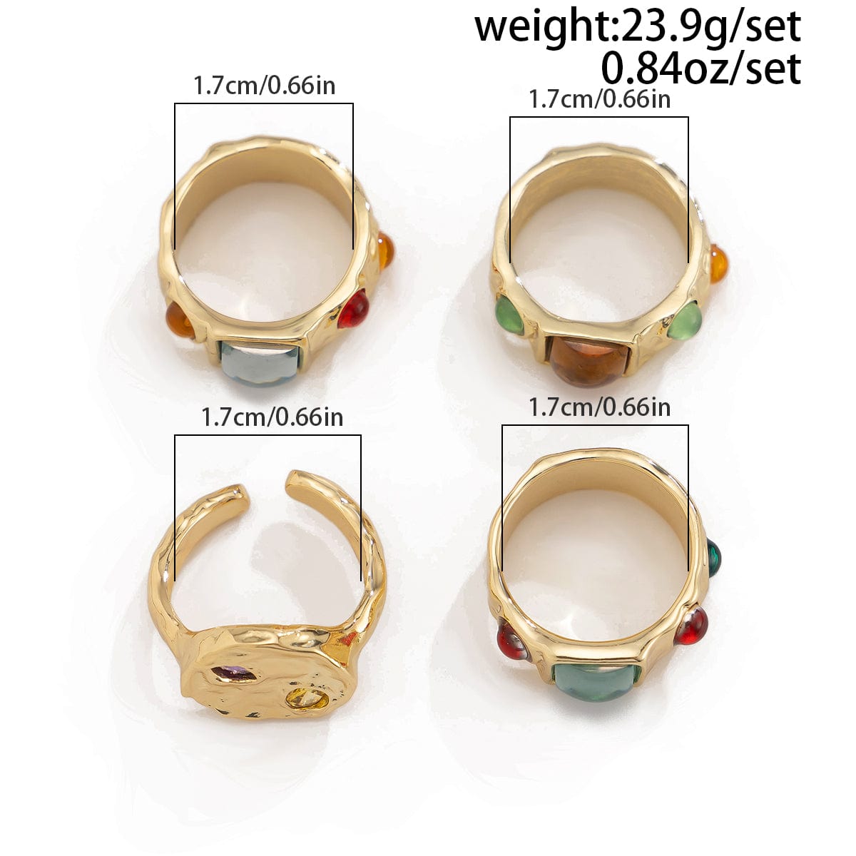 Baroque 4Pcs Colorful Crystal Inlaid Wide Ring Set