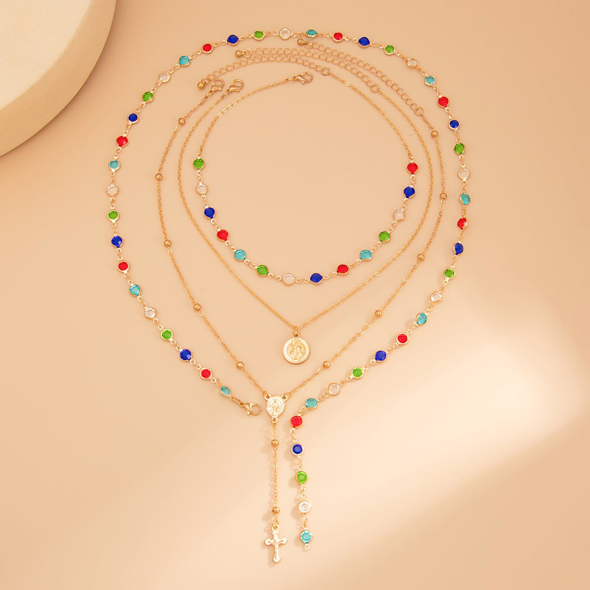 Baroque 4pcs Cross Round Disk Pendant Crystal Chain Y Necklace Set - ArtGalleryZen