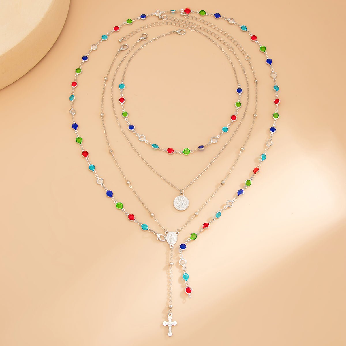 Baroque 4pcs Cross Round Disk Pendant Crystal Chain Y Necklace Set - ArtGalleryZen