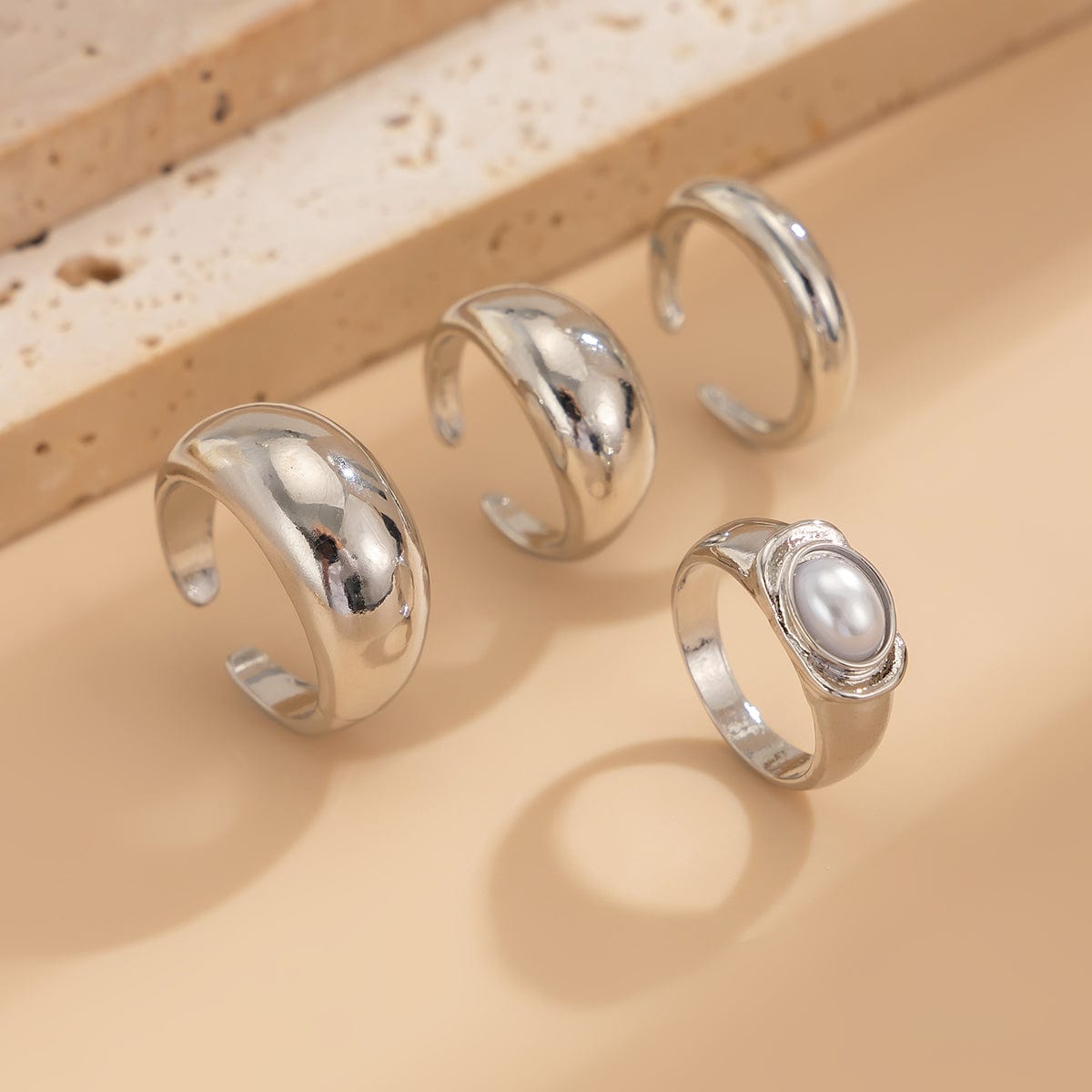 Baroque 4pcs Gold Silver Tone Pearl Inlaid Ring Set - ArtGalleryZen