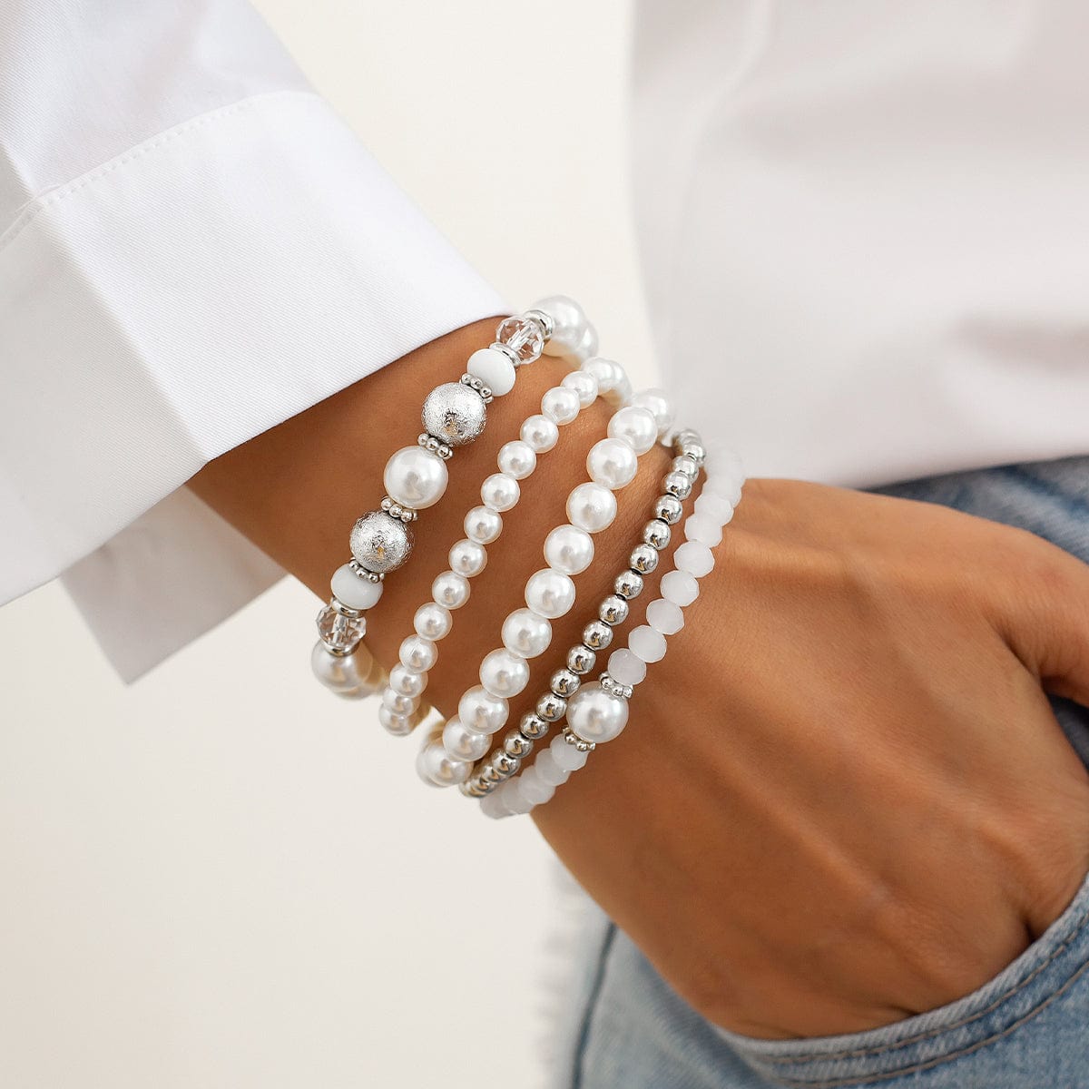 Baroque 4pcs Pearl Crystal Chain Stackable Bracelet Set