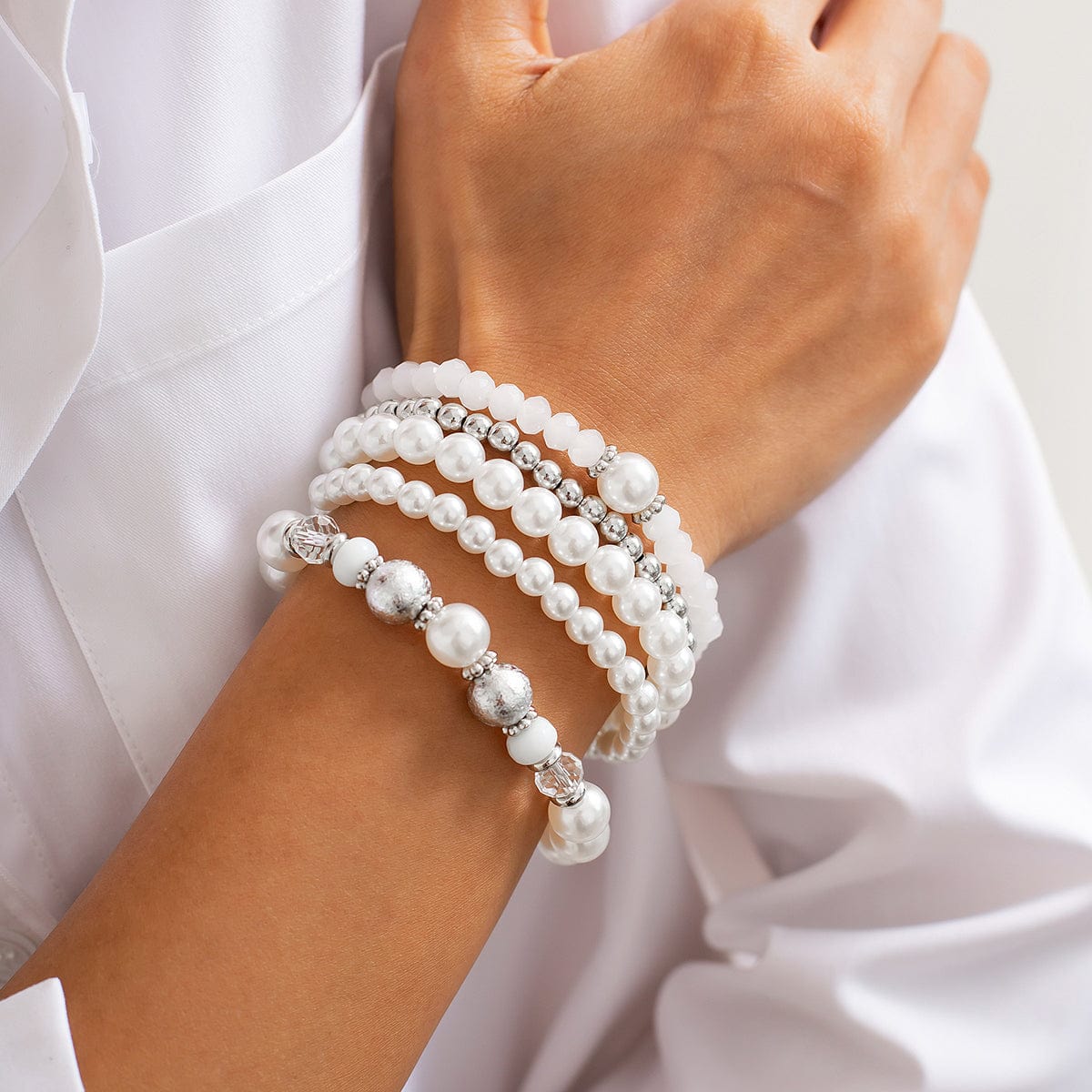 Baroque 4pcs Pearl Crystal Chain Stackable Bracelet Set