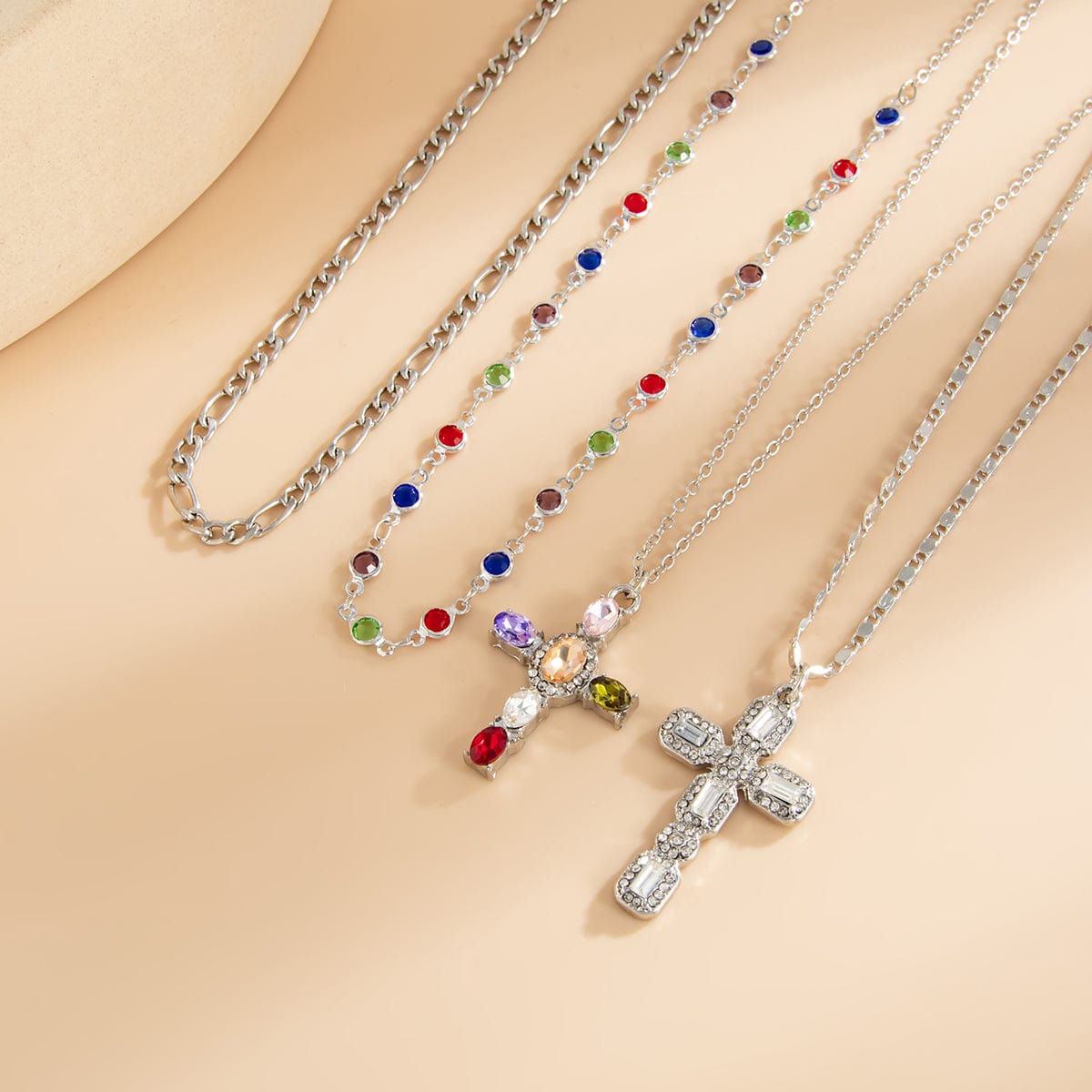 Baroque 4pcs Rhinestone Inlaid Cross Pendant Crystal Chain Necklace Set - ArtGalleryZen