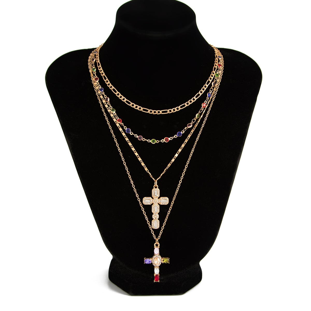 Baroque 4pcs Rhinestone Inlaid Cross Pendant Crystal Chain Necklace Set - ArtGalleryZen