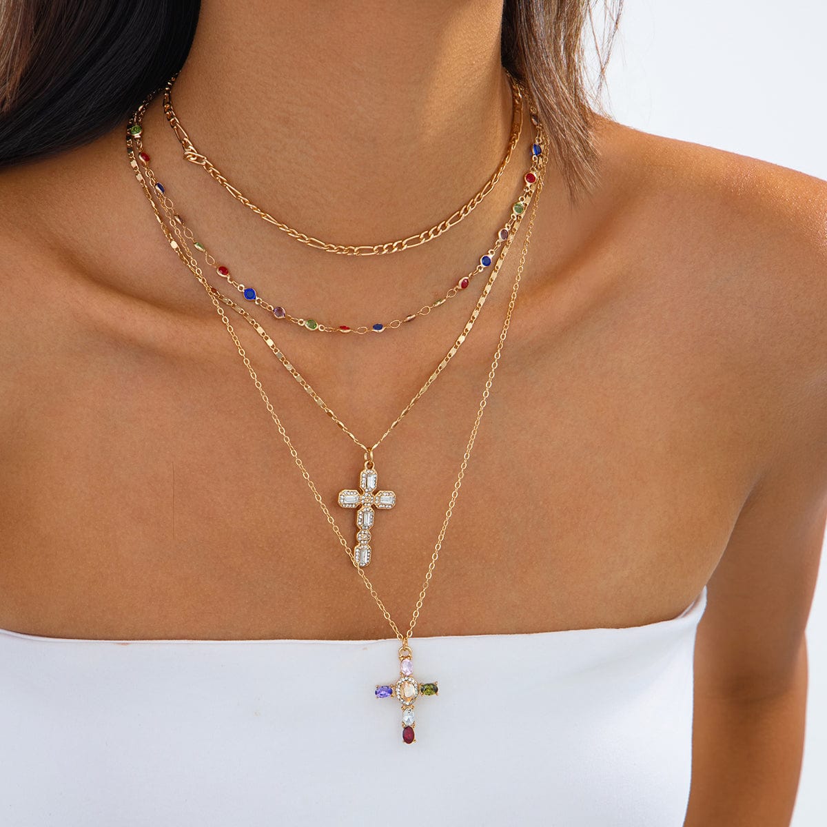 Baroque 4pcs Rhinestone Inlaid Cross Pendant Crystal Chain Necklace Set - ArtGalleryZen