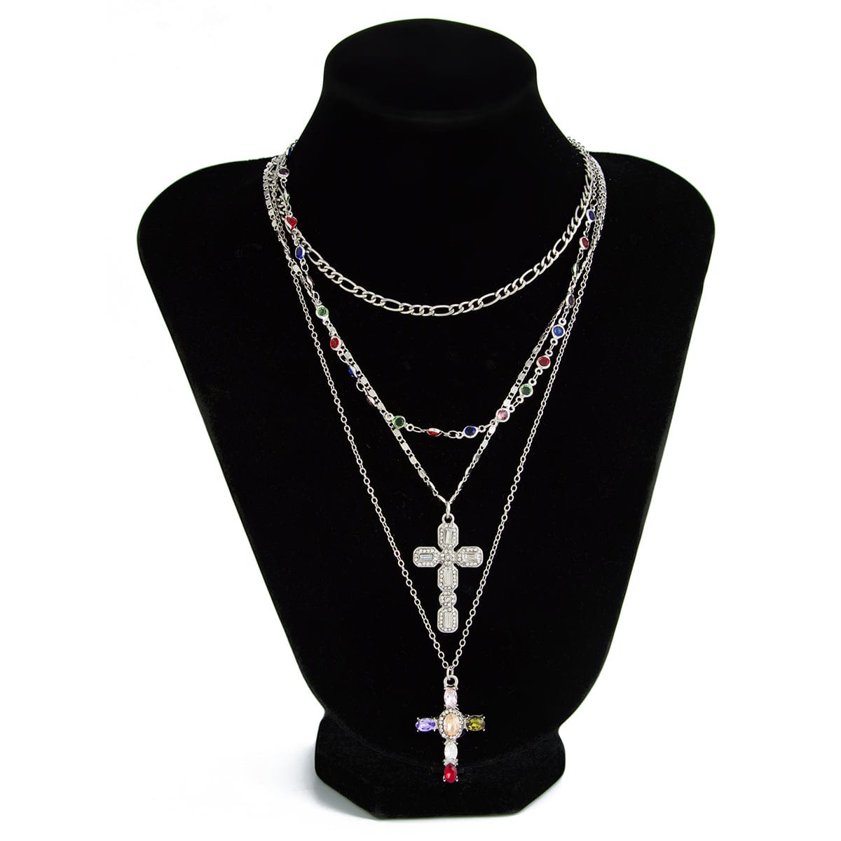 Baroque 4pcs Rhinestone Inlaid Cross Pendant Crystal Chain Necklace Set - ArtGalleryZen
