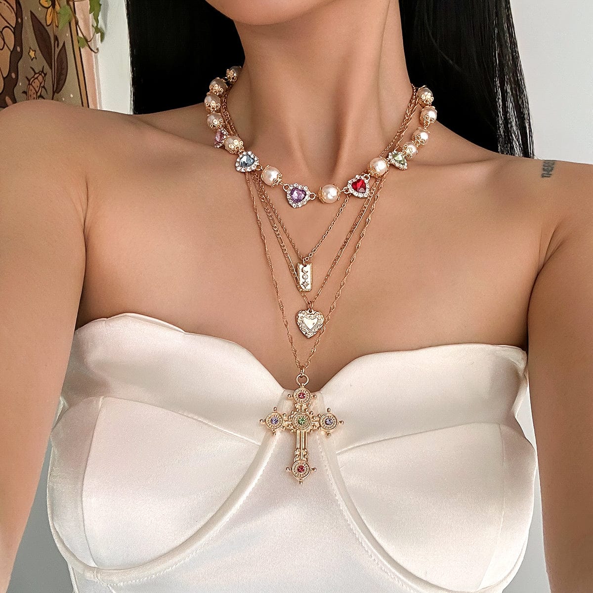 Baroque 4pcs Rhinestone Inlaid Heart Cross Pendant Pearl Chain Necklace Set - ArtGalleryZen