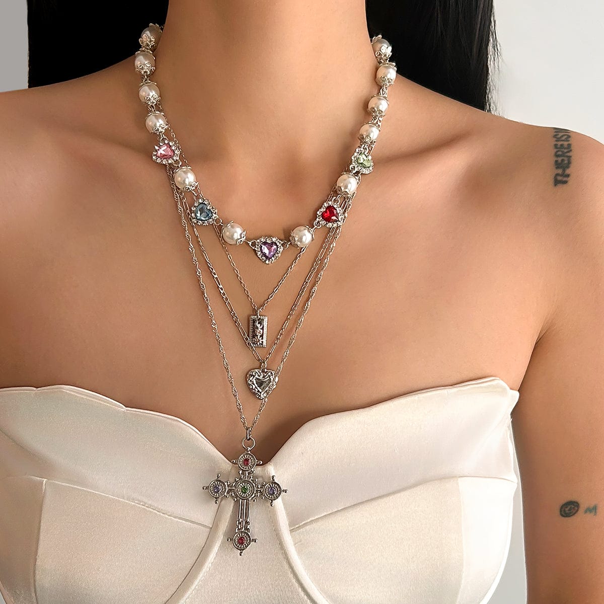Baroque 4pcs Rhinestone Inlaid Heart Cross Pendant Pearl Chain Necklace Set - ArtGalleryZen