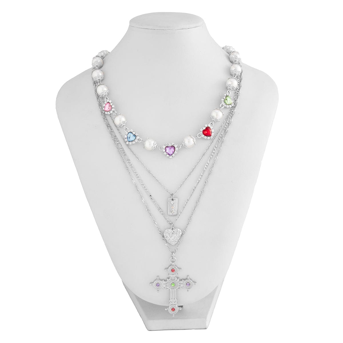 Baroque 4pcs Rhinestone Inlaid Heart Cross Pendant Pearl Chain Necklace Set - ArtGalleryZen