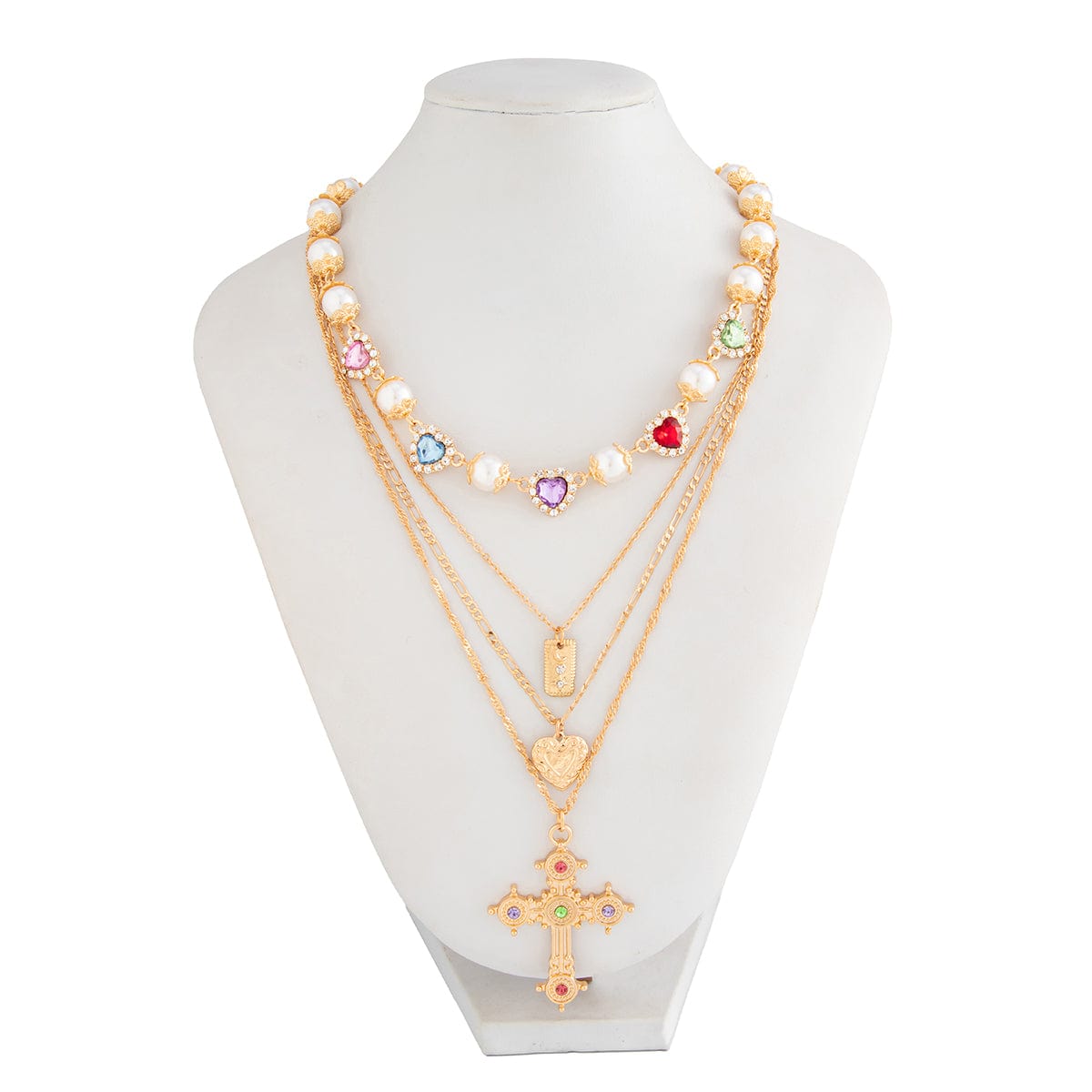 Baroque 4pcs Rhinestone Inlaid Heart Cross Pendant Pearl Chain Necklace Set - ArtGalleryZen