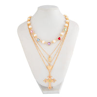 Thumbnail for Baroque 4pcs Rhinestone Inlaid Heart Cross Pendant Pearl Chain Necklace Set - ArtGalleryZen