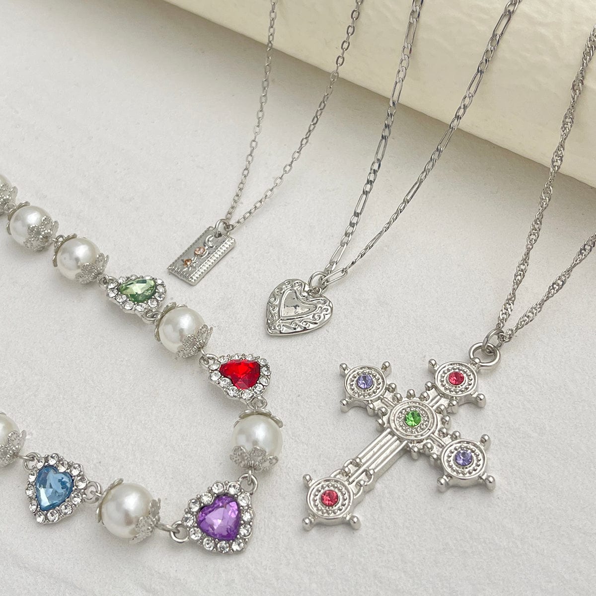 Baroque 4pcs Rhinestone Inlaid Heart Cross Pendant Pearl Chain Necklace Set - ArtGalleryZen