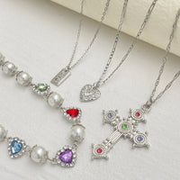 Thumbnail for Baroque 4pcs Rhinestone Inlaid Heart Cross Pendant Pearl Chain Necklace Set - ArtGalleryZen