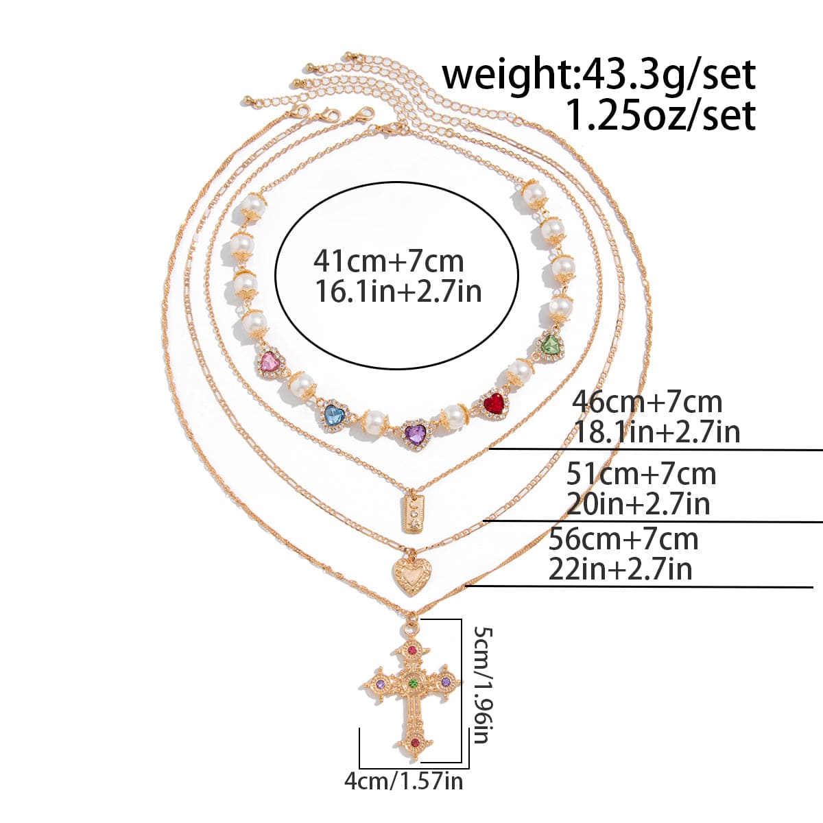 Baroque 4pcs Rhinestone Inlaid Heart Cross Pendant Pearl Chain Necklace Set - ArtGalleryZen