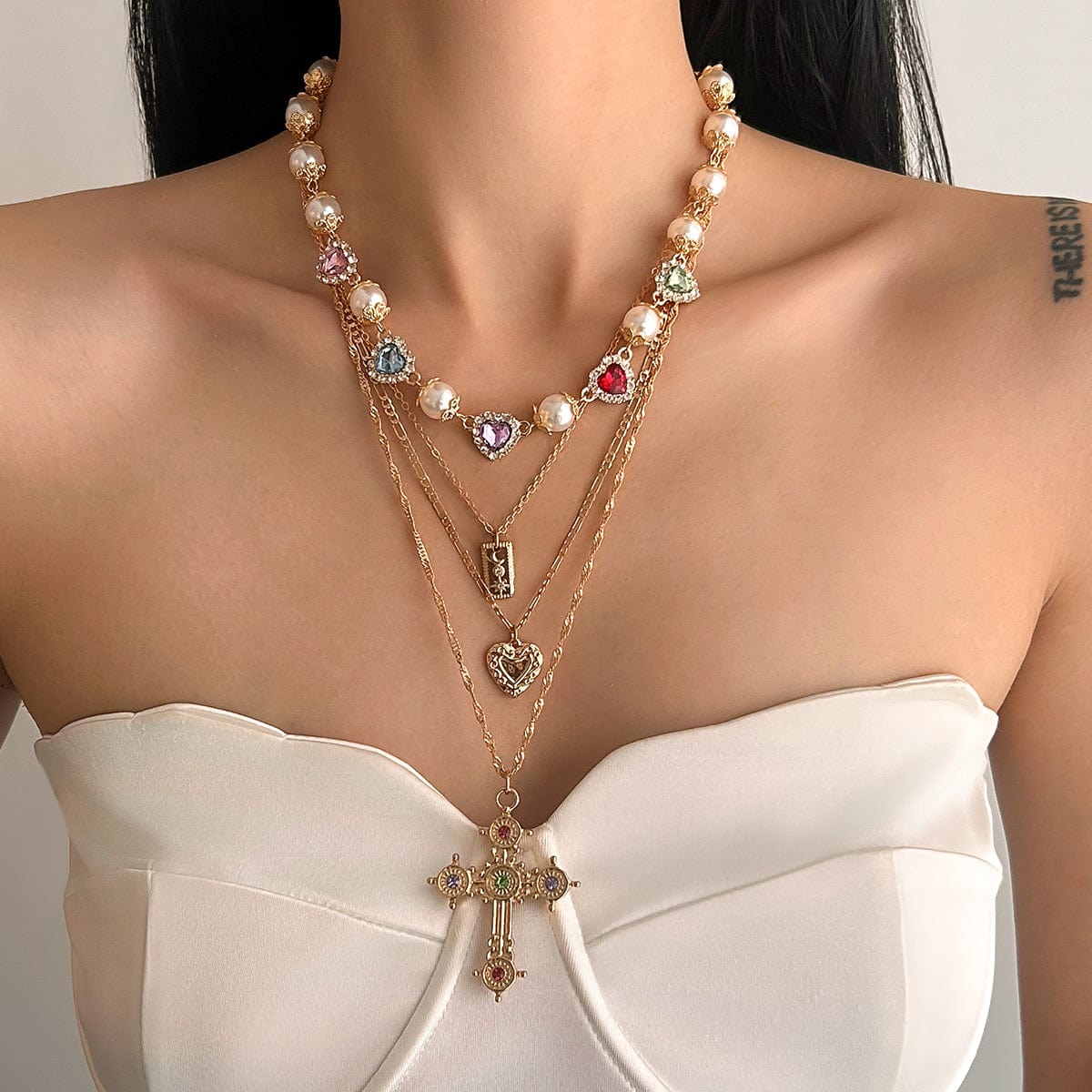 Baroque 4pcs Rhinestone Inlaid Heart Cross Pendant Pearl Chain Necklace Set - ArtGalleryZen