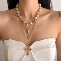 Thumbnail for Baroque 4pcs Rhinestone Inlaid Heart Cross Pendant Pearl Chain Necklace Set - ArtGalleryZen