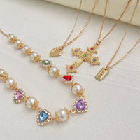 Thumbnail for Baroque 4pcs Rhinestone Inlaid Heart Cross Pendant Pearl Chain Necklace Set - ArtGalleryZen