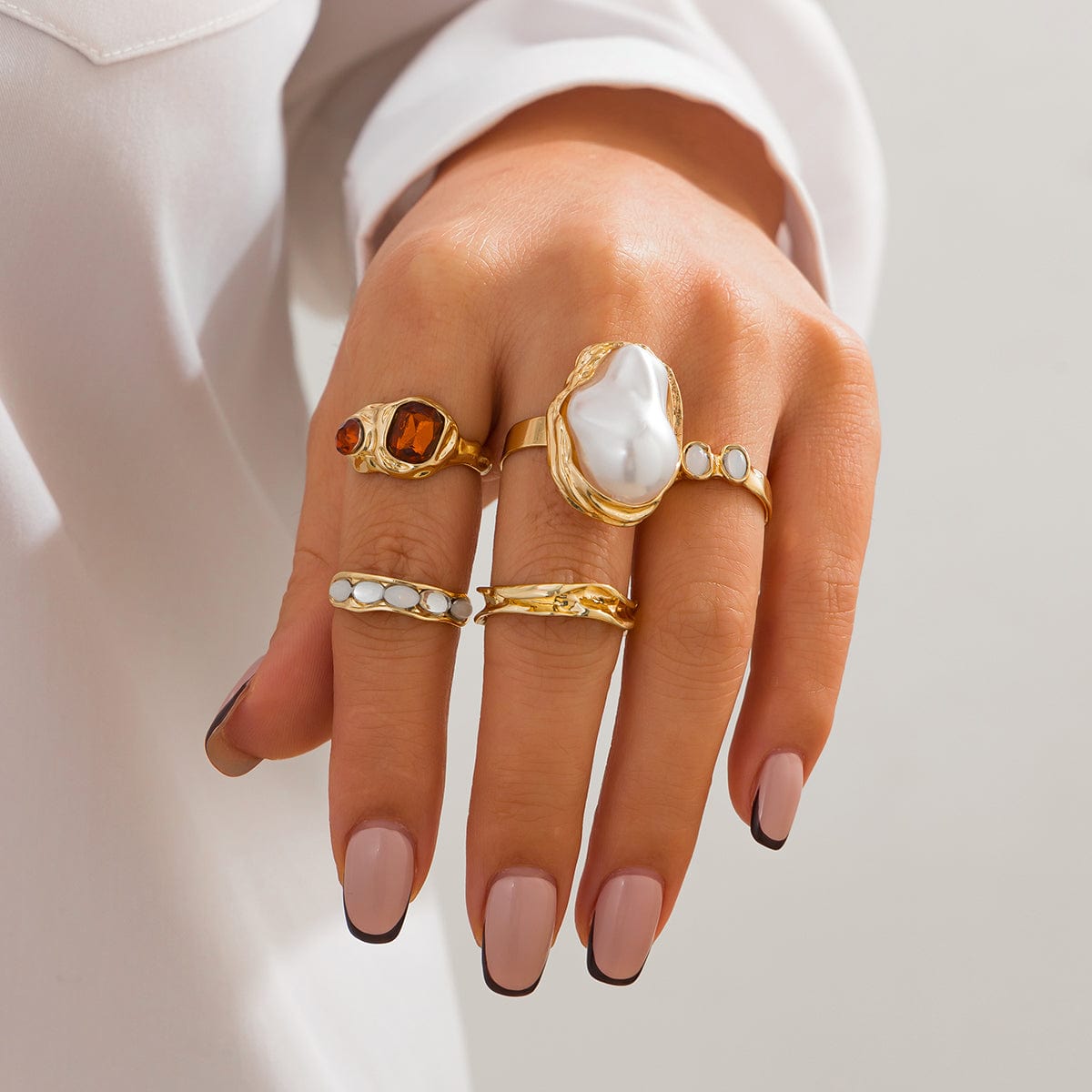 Baroque 5pcs Irregular Pearl Crystal Inlaid Pleated Ring Set - ArtGalleryZen