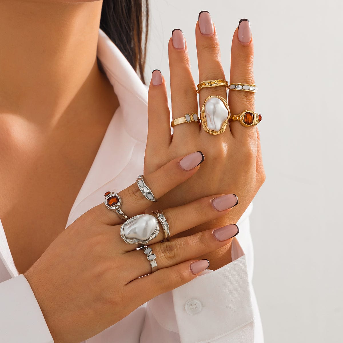 Baroque 5pcs Irregular Pearl Crystal Inlaid Pleated Ring Set