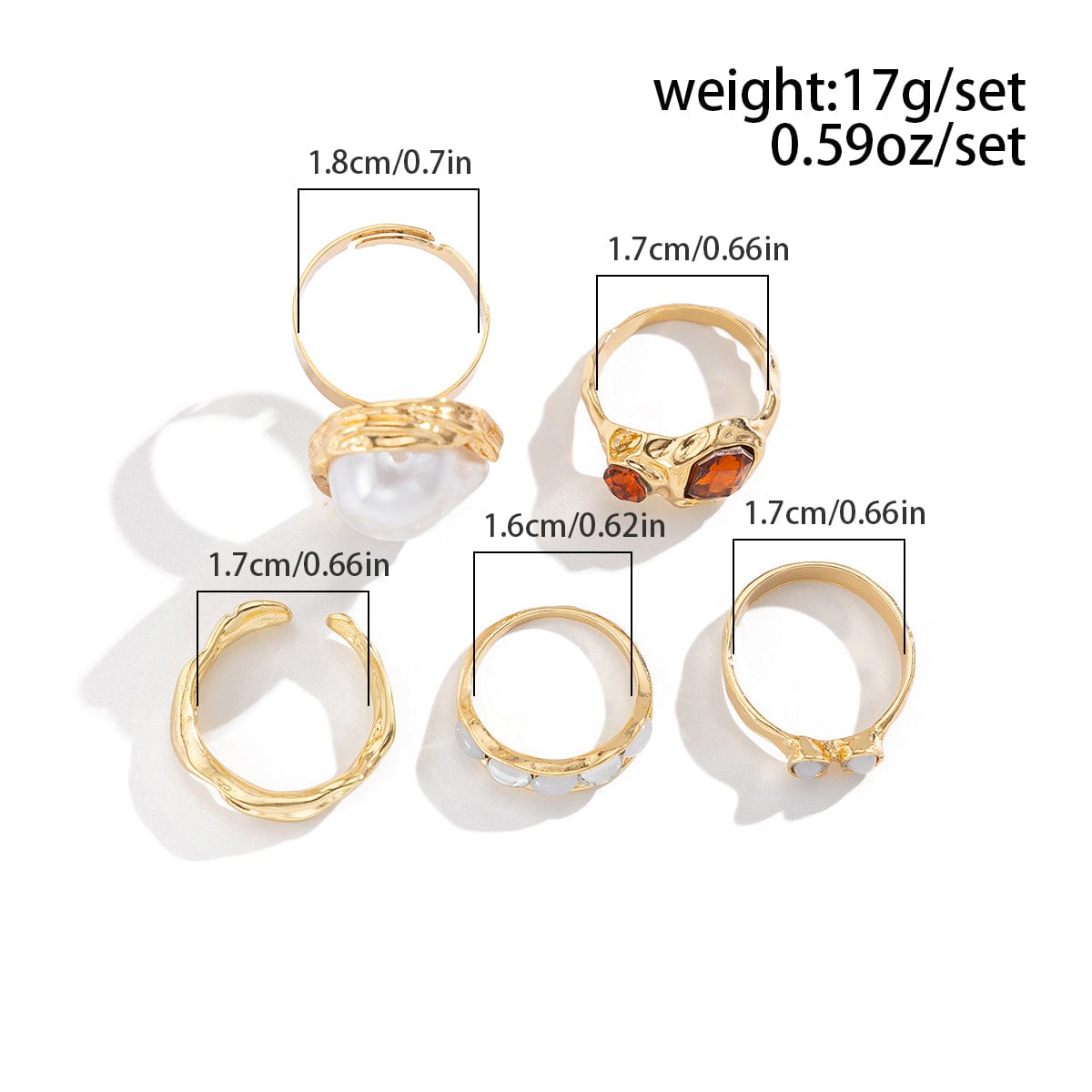 Baroque 5pcs Irregular Pearl Crystal Inlaid Pleated Ring Set