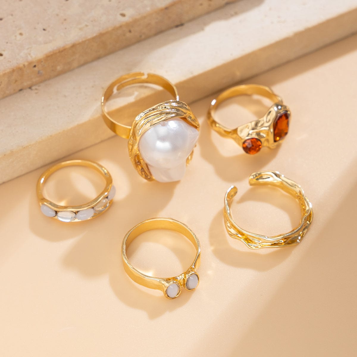 Baroque 5pcs Irregular Pearl Crystal Inlaid Pleated Ring Set