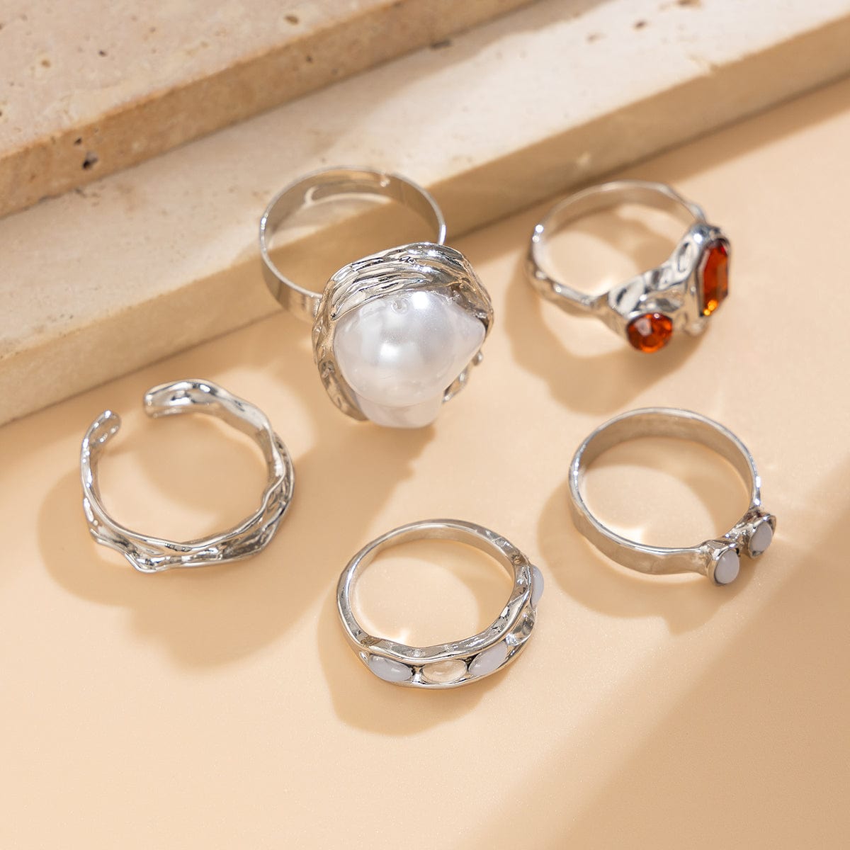 Baroque 5pcs Irregular Pearl Crystal Inlaid Pleated Ring Set