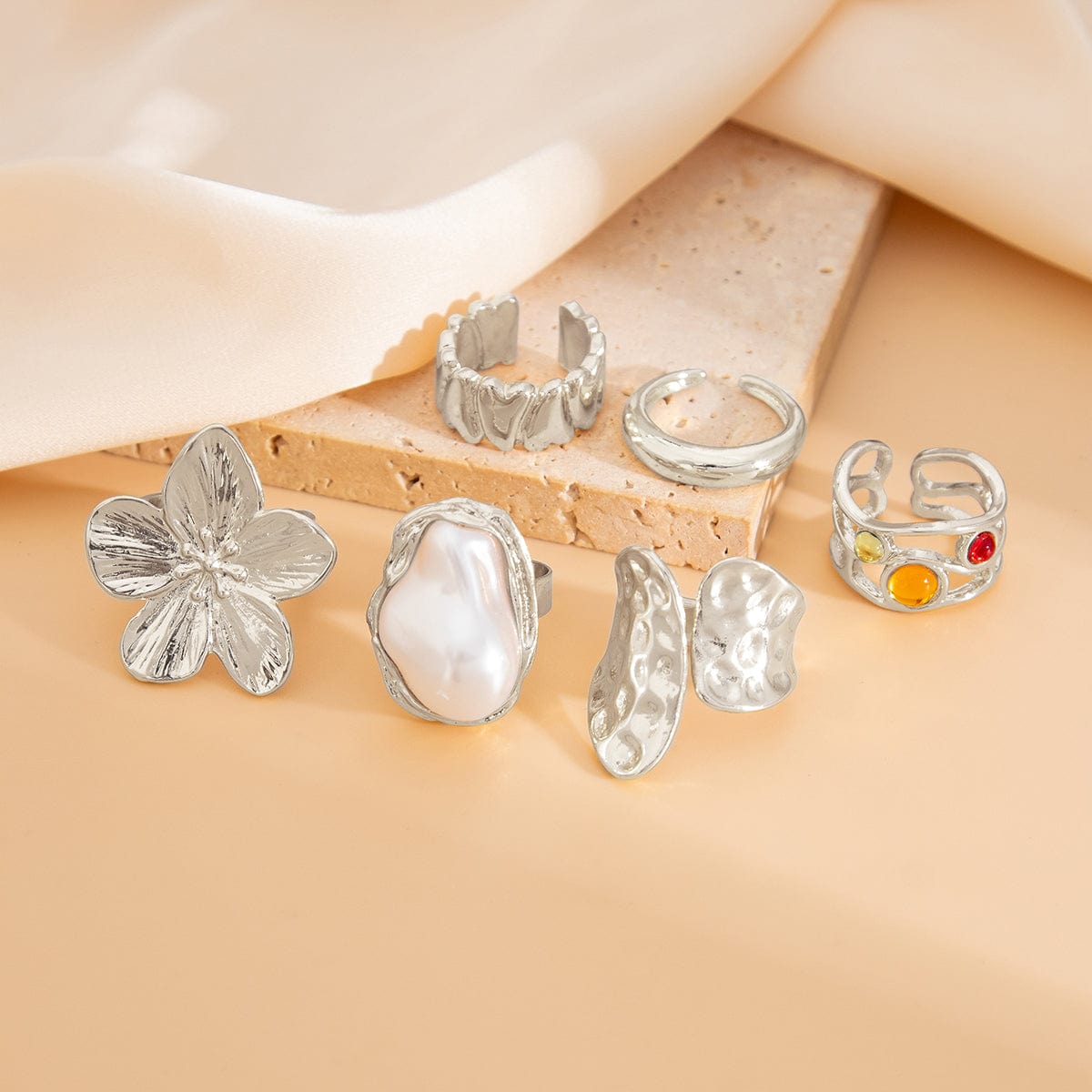 Baroque 6pcs Irregular Pearl Inlaid Textured Flower Ring Set - ArtGalleryZen