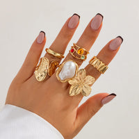Thumbnail for Baroque 6pcs Irregular Pearl Inlaid Textured Flower Ring Set - ArtGalleryZen