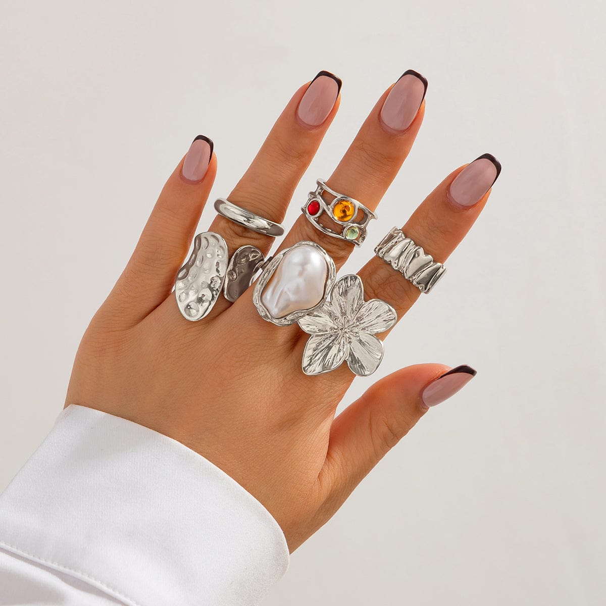Baroque 6pcs Irregular Pearl Inlaid Textured Flower Ring Set - ArtGalleryZen