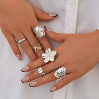 Thumbnail for Baroque 6pcs Irregular Pearl Inlaid Textured Flower Ring Set - ArtGalleryZen