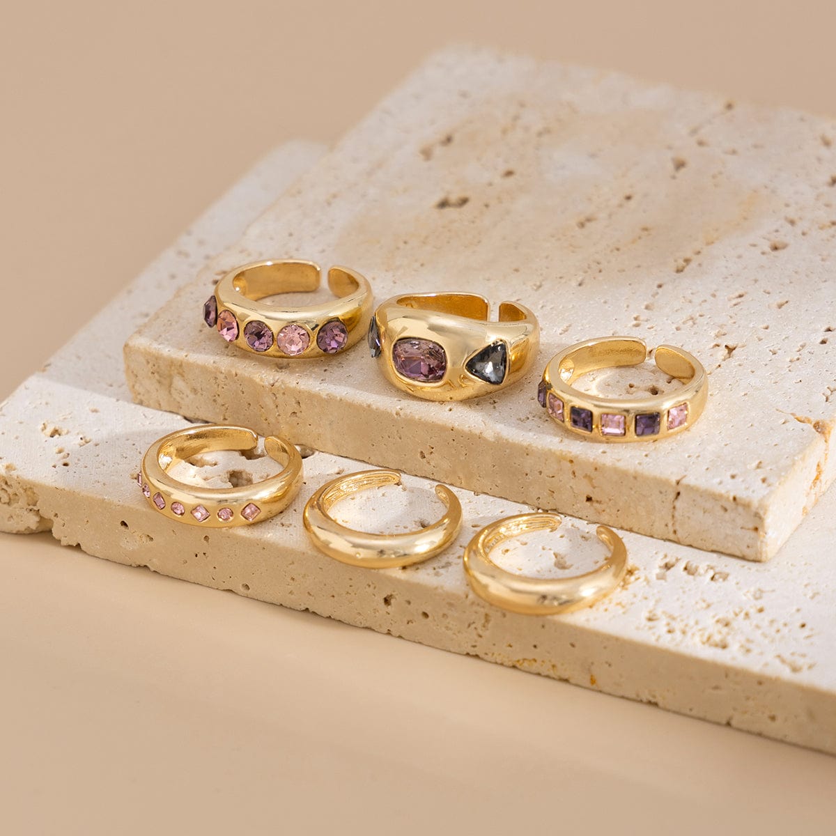 Baroque 6pcs Pink Rhinestone Inlaid Open Ring Set