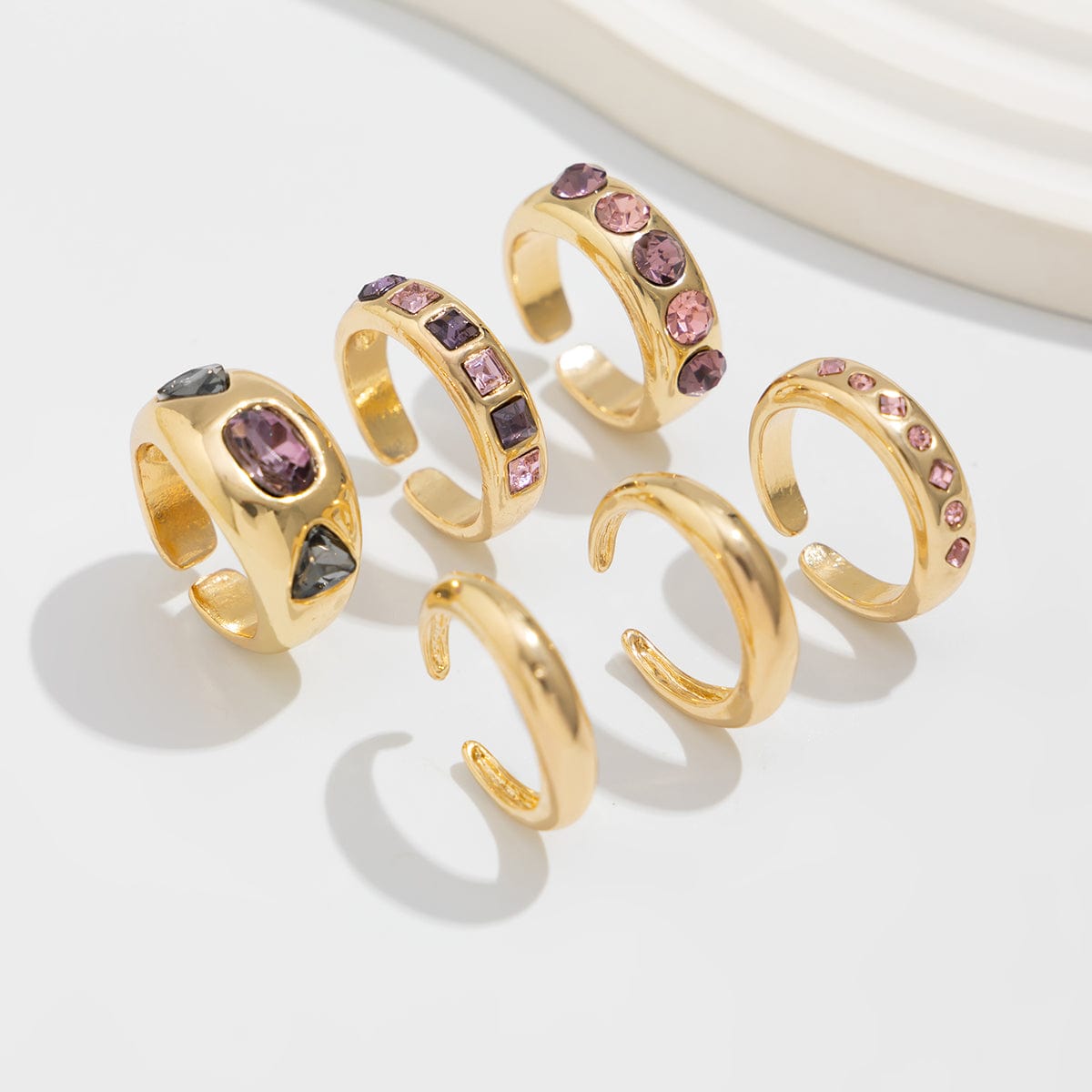 Baroque 6pcs Pink Rhinestone Inlaid Open Ring Set